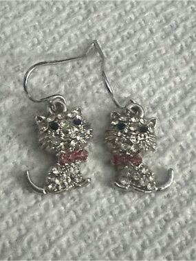 Silver Cat Dangle Earrings with Pink Bow - Cute Cat Jewelry